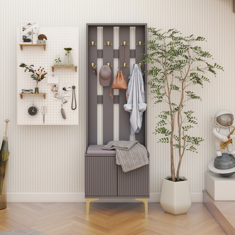 Modern Luxury 4-In-1 Hall Tree With Cushion, Versatile Coat Rack With 8 Gold Hooks And Legs, Entryway Bench With Adjustable Shelves & Fluted Doors For Hallway, Living Room, 23.6"*70.8"