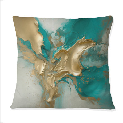 Marbre doré et turquoise Fuild Ink II - Coussin abstrait en marbre