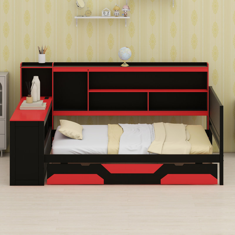 Space-Saving Gaming Daybed Featuring Desk, Lights, and Charging Station, Black+Red