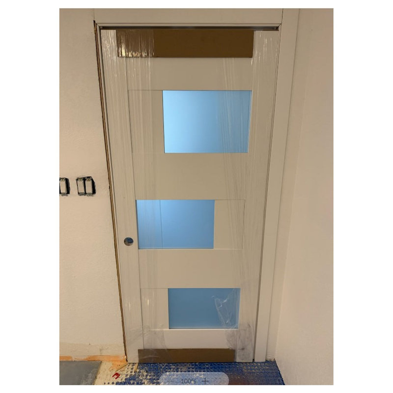 Portes coulissantes à galandage doubles de style français 84 x 96 pouces, verre opaque, ensemble Sete 6933, blanc soie, quincaillerie de rail, MDF, portes intérieures modernes pour chambre à coucher