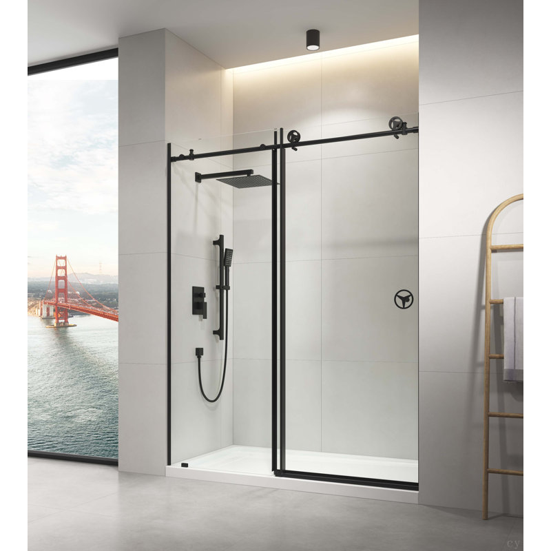 Porte de douche coulissante sans cadre l 60 po x H 76 po en noir mat avec verre transparent