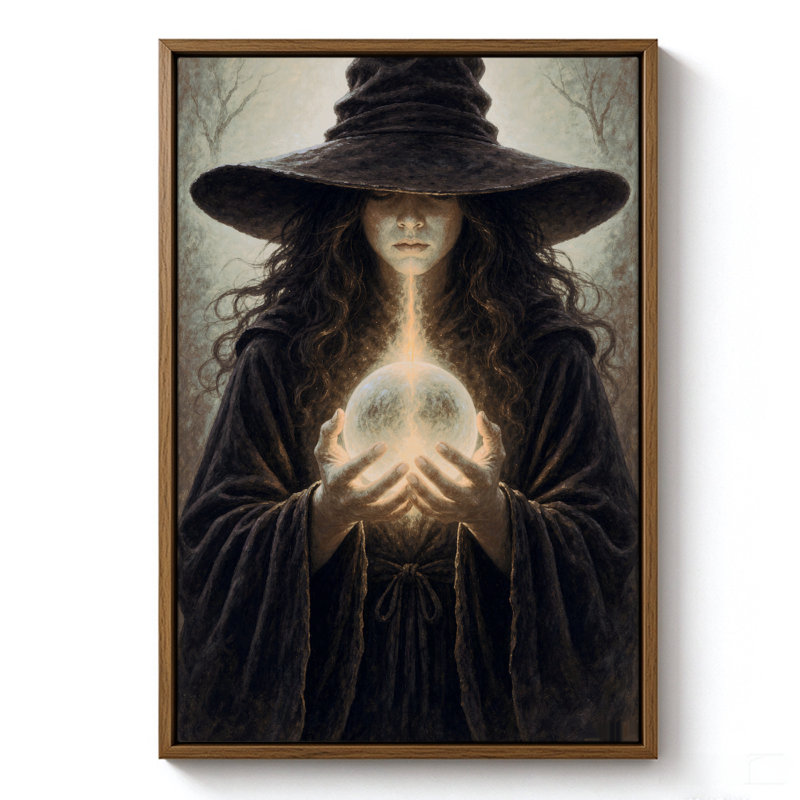 Sorcière d'Halloween lançant un sort lumineux, tableau sur toile encadré, cadre brun, 50 x 75 cm, H 30 po x l 20 po, Brun