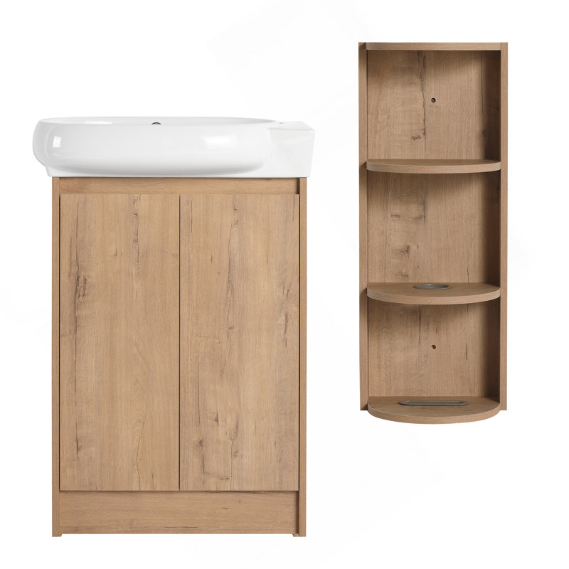 Meuble-lavabo autoportant de 23 po avec lavabo et support de rangement, portes à fermeture douce, Imitation chêne