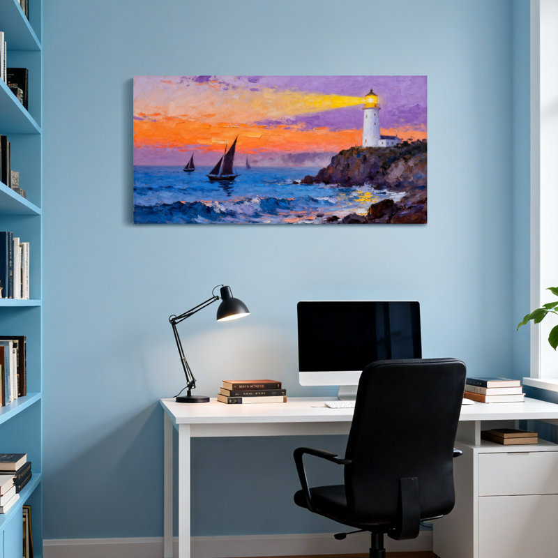 Nautique et plage, phare, coucher de soleil, voiliers, vagues de l'océan, roches, ciel, lumière, H 28 po x l 58 po