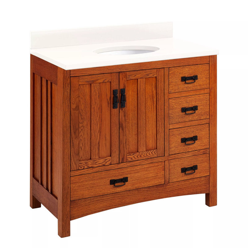Meuble-lavabo 36 po - Chêne teinté avec lavabo encastrable Maybeck, Quartz blanc arctique, 8 po