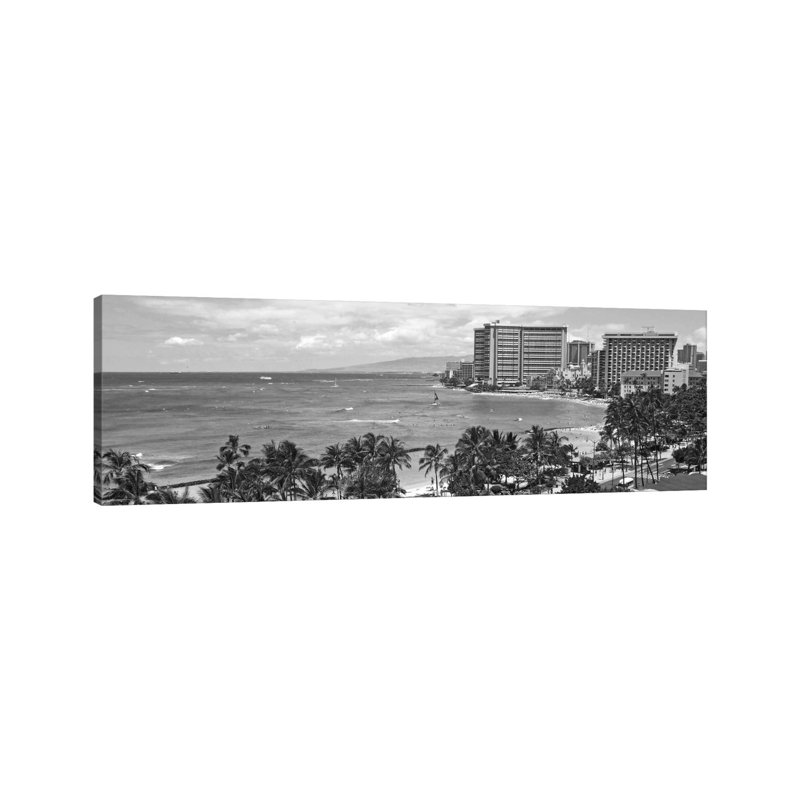 Honolulu Panoramic Skyline Cityscape (Black & White) - Wrapped Canvas Panoramic Print