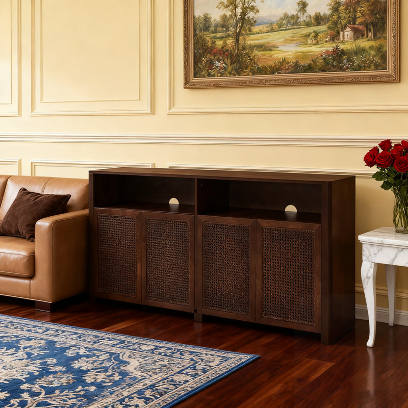 Mid Century Modern Rattan Sideboard Buffet Cabinet With Spacious Storage For Living Room, Entryway, And Kitchen Decor.