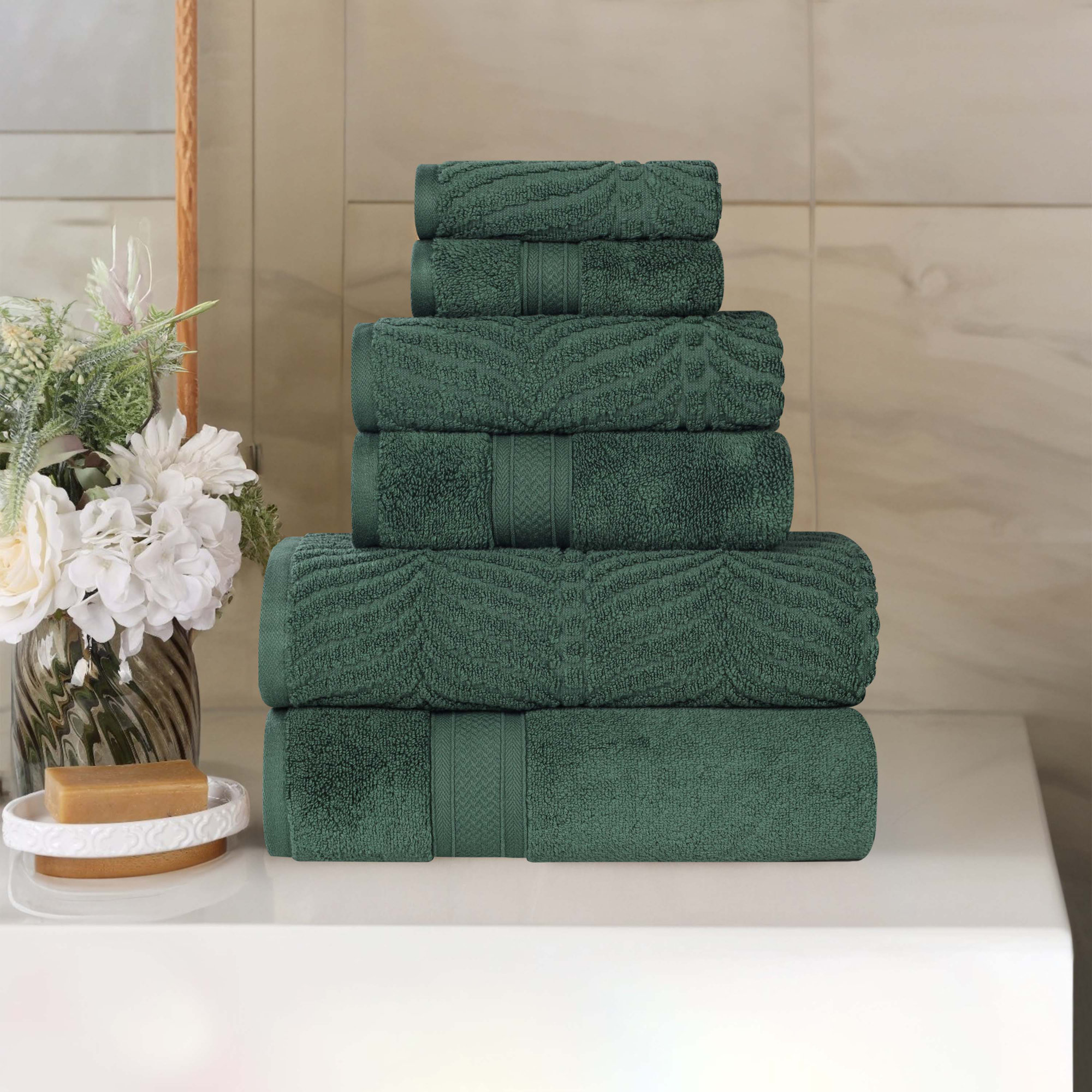 Amaretto Chevron Zero Twist Solid and Jacquard Cotton 6 Piece Bathroom Towel Set, Forest Green