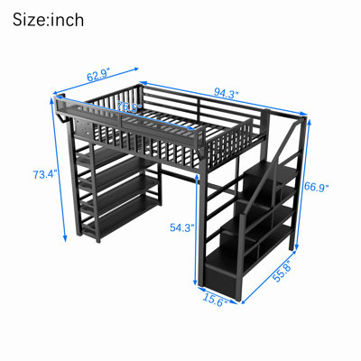 Lit mezzanine avec 4 tablettes de rangement et station de recharge, lit mezzanine en métal avec escalier