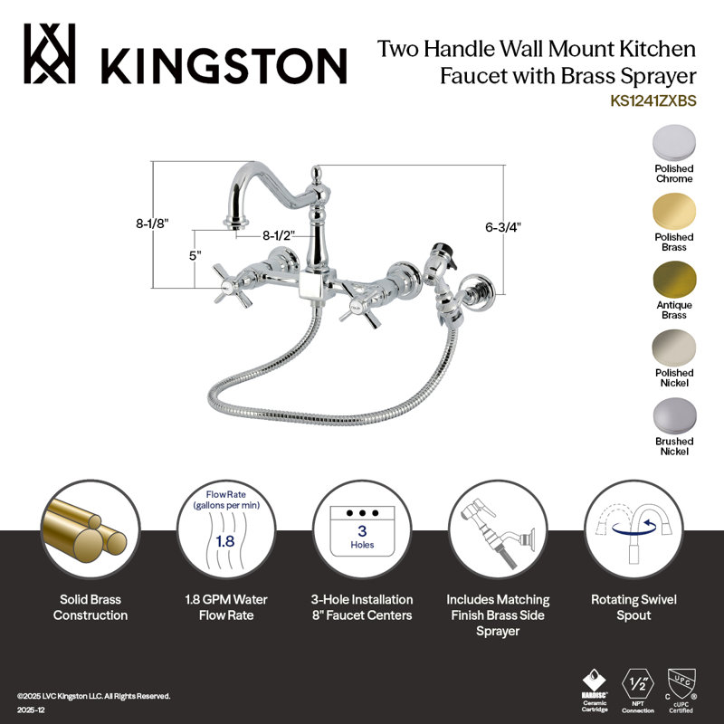 Kingston Brass Hamilton Double-Handle 3-Hole Wall-Mount Bridge Kitchen Faucet With Brass Sprayer, Antique Brass