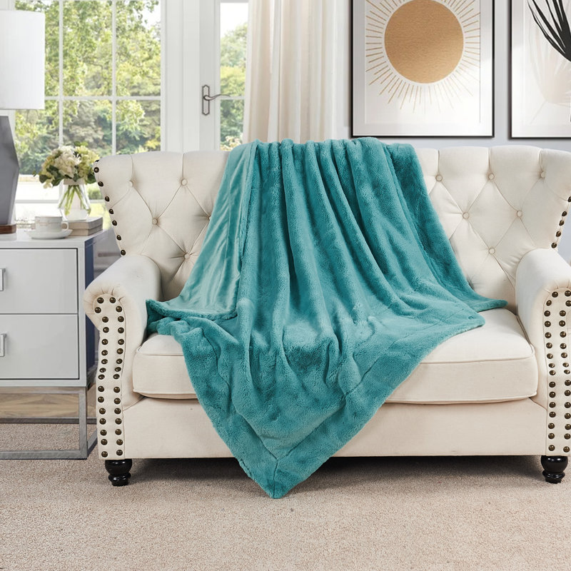 Jeté en fausse fourrure de renard, Turquoise, L 60 po x L 80 po