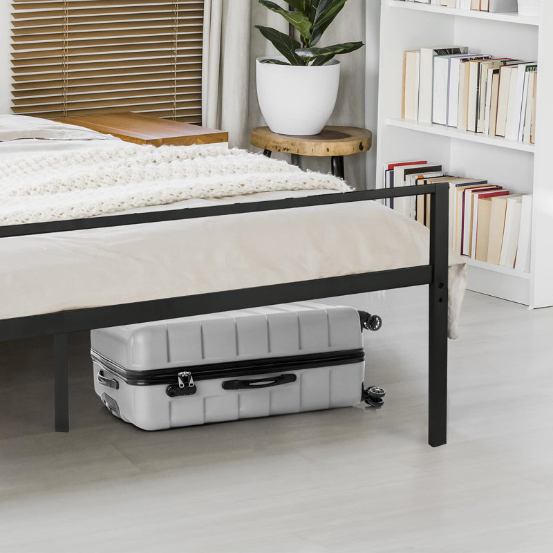 Queen Black Metal Frame Bed with Upholstered Headboard