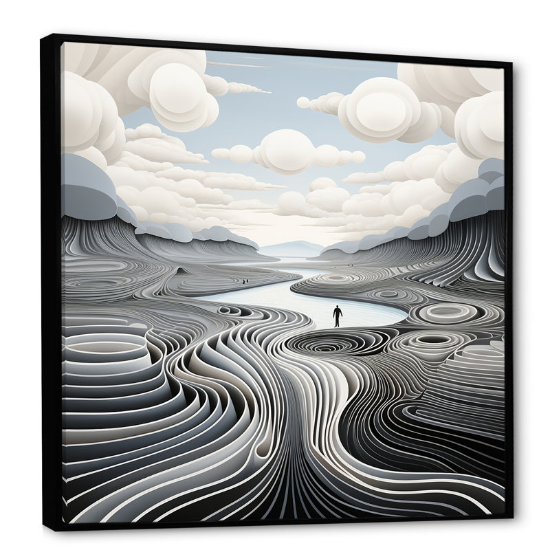 Blanc et noir, ligne abstraite paysage de montagne II - fruits, art mural, Cadre flottant noir, 36" H x 36" W