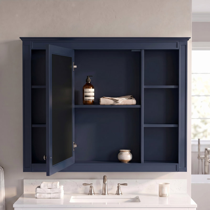 Armoire à pharmacie rectangulaire en panneau de fibres à densité moyenne 35 po avec miroir et 6 tablettes ouvertes, Bleu