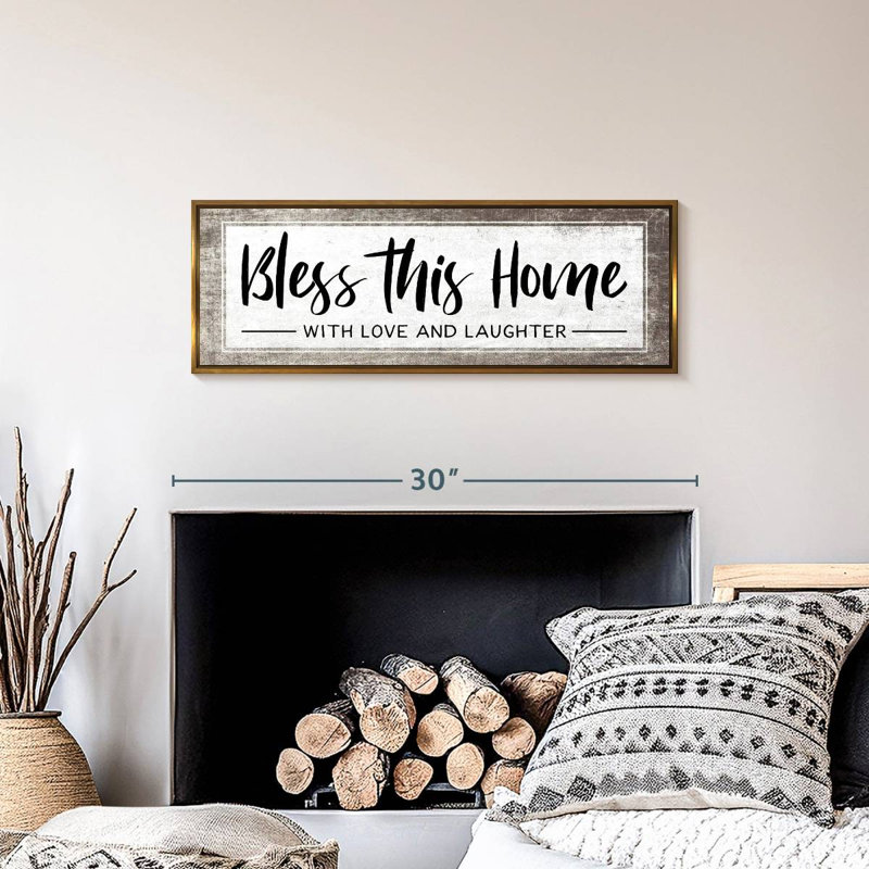 Plaque murale «Bless This Home», Cadre flottant doré, 28 po x 10 po