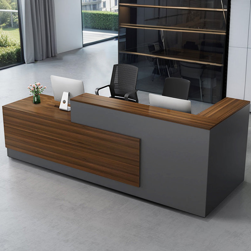 Bureau de réception moderne en L ergonomique avec rangement surélevé à gauche