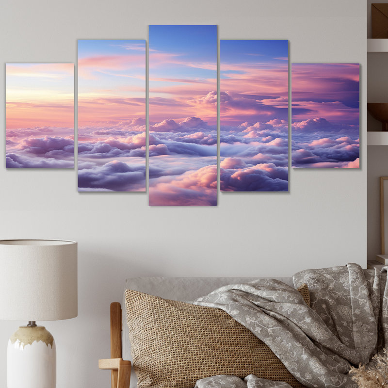 Photo de rêve pastel rose, ciel mauve, paysages, art mural salon, 5 panneaux