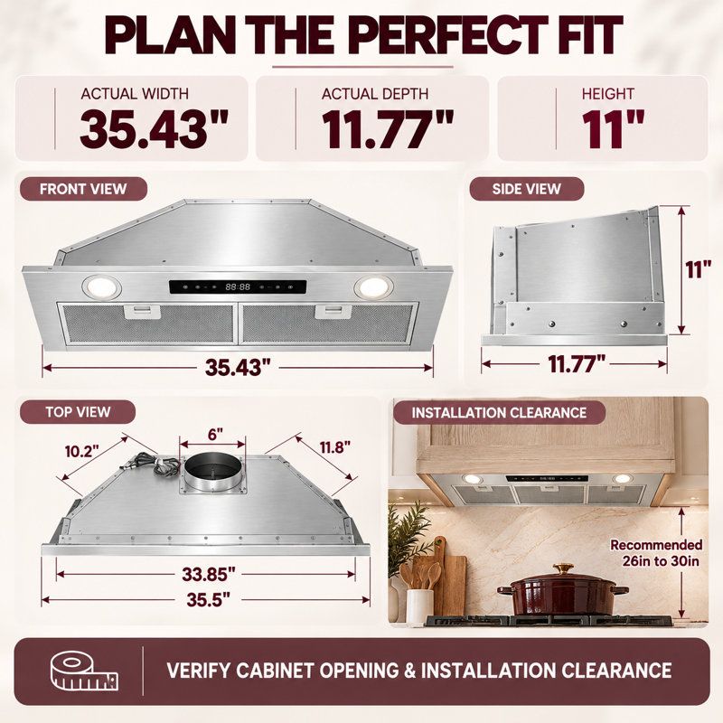 Hotte intégrée 36 pouces VENFAN 600 CFM, hotte de cuisine convertible intégrée en acier inoxydable avec 4 vitesses de ventilateur, contrôle tactile et tactile, lumières DEL et minuterie de ventilateur