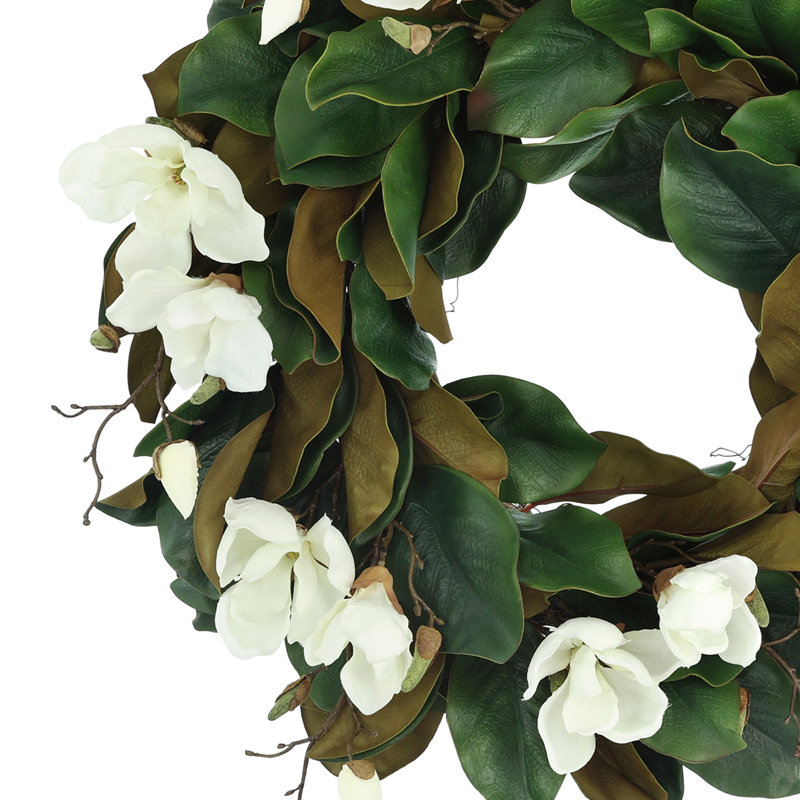 26" Magnolia Flowers And Leaves Arranged On A Wreath, White