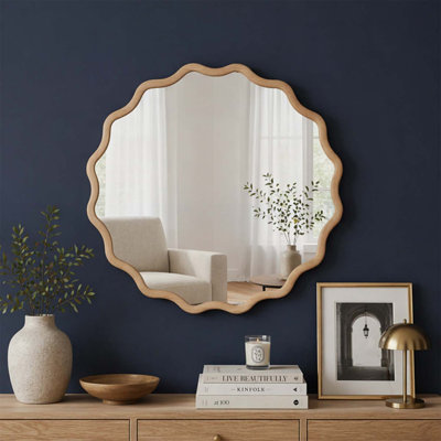 Elegant Wavy Round Wood Frame Mirror