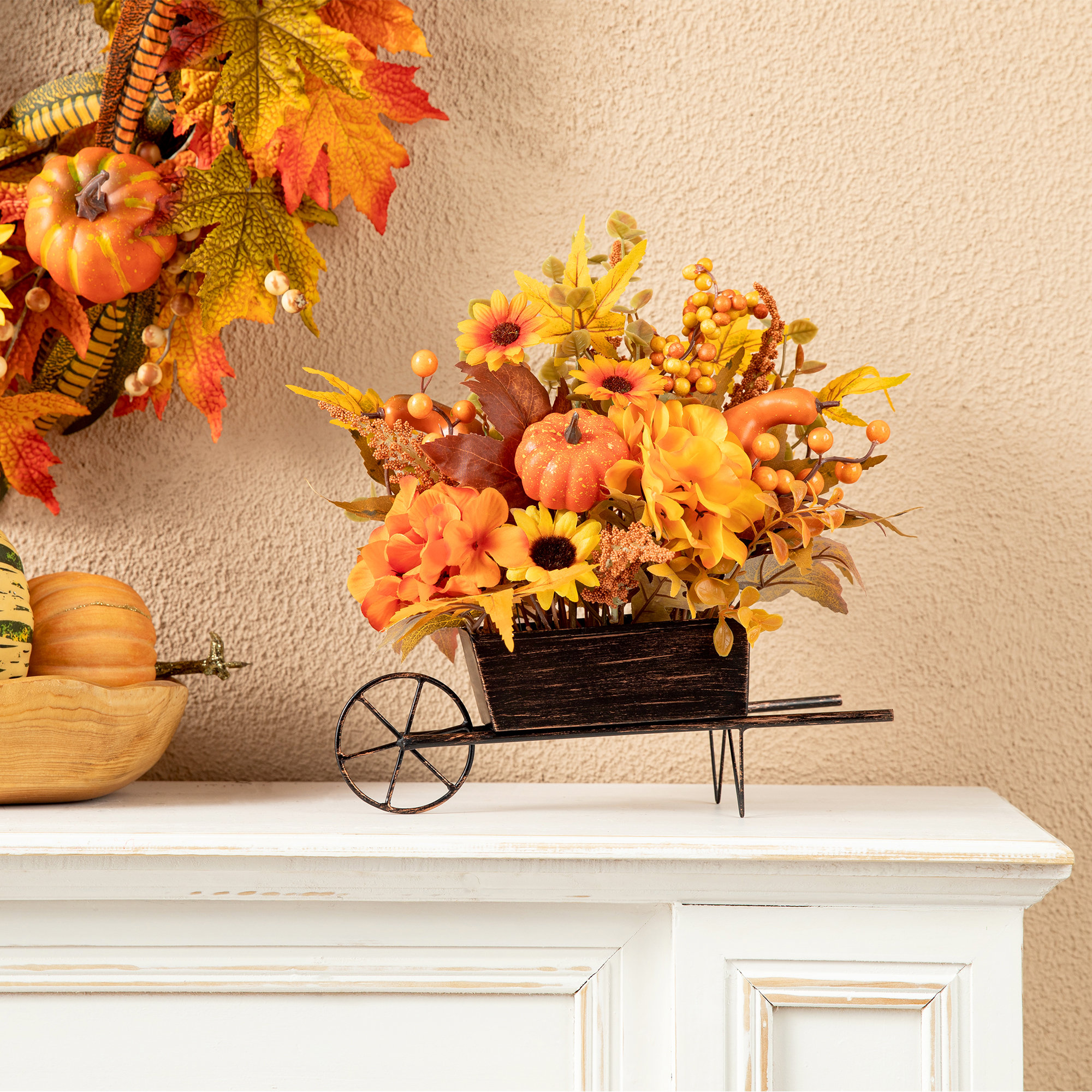 The Holiday Aisle® 14"L Fall Floral Cart Centerpiece & Reviews | Wayfair