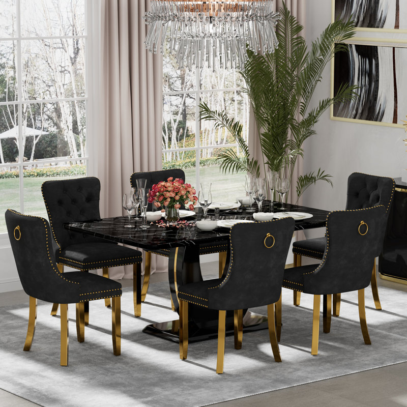5-Piece Rectangle Marble Texture Dining Table Set, Black, 7, Black
