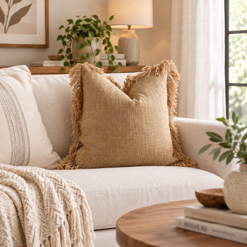 Housse de coussin carré 100% coton India Chic, housse décorative tissée à la main, 18 po x 18 po, Brun clair