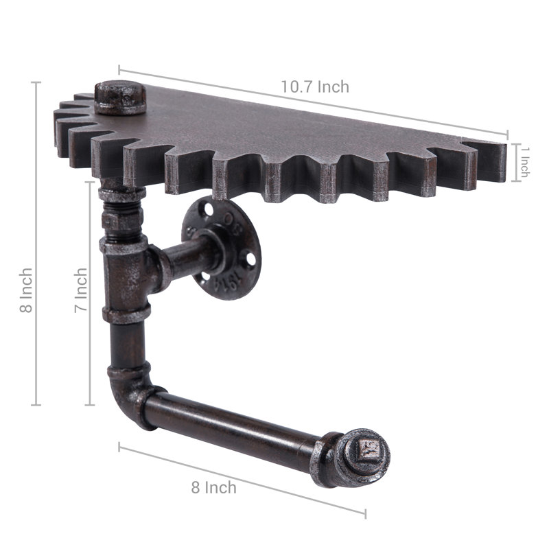 Wall-Mounted Black Patina Metal Floating Shelf with Industrial Pipe Bracket – Steampunk Gear Design Toilet Paper Holder and Display Rack