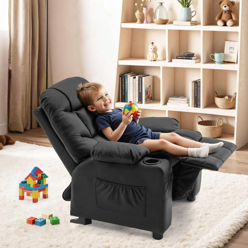 Goggans Kids Recliner with Anti-Tilt, Cup Holder, Black