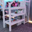 Lit mezzanine blanc en métal pleine grandeur avec bureau en forme de L, lumières sous et à DEL pour une garde-robe de chambre à coucher lumineuse
