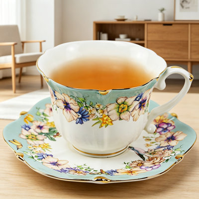 Ensemble de tasses à thé en porcelaine tendre et soucoupe, ensemble de 6 tasses à thé à motif floral rétro avec cuillères, tasses à thé en porcelaine fine de 8,5 oz pour femmes, service à thé et décoration intérieure