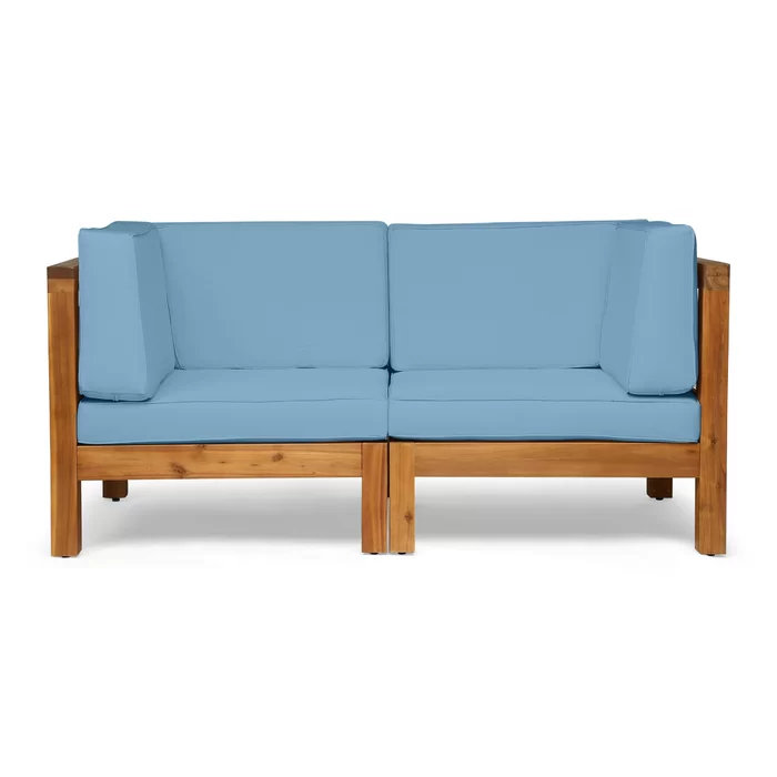  Causeuse d'extérieur à dossier en X avec structure en bois d'acacia et coussins résistants aux intempéries, bleu, Bleu