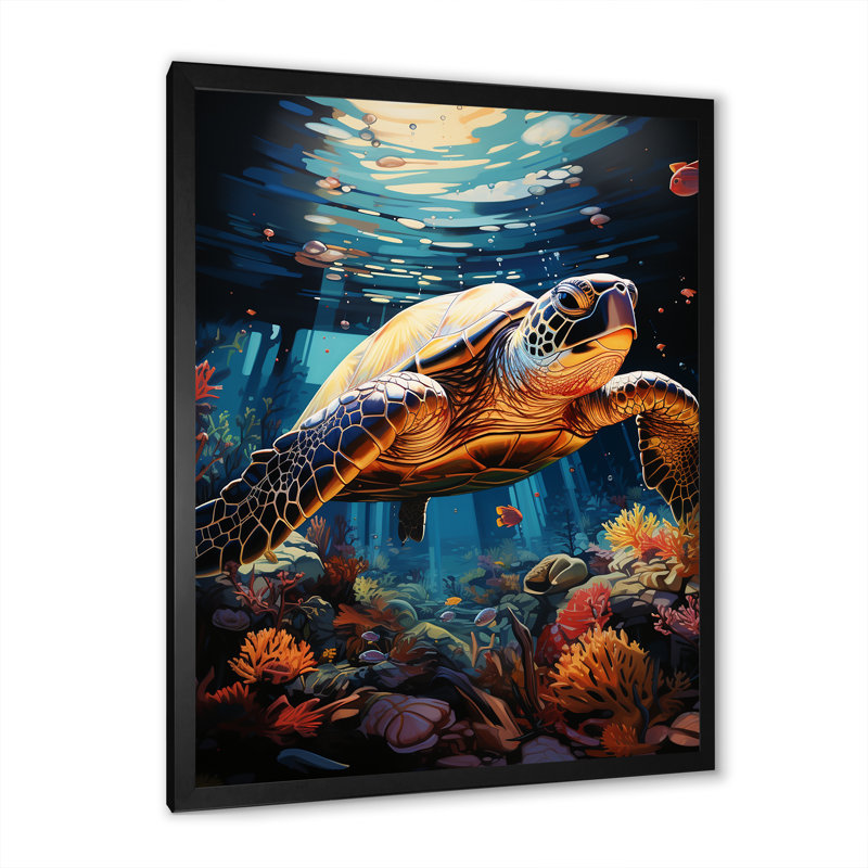 Serene Turtle Underwaters IV, reproduction d'art sur toile, Cadre simple noir, H 32 po x l 16 po x P 1 po