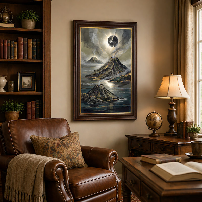 Dark Volcanoes with Gold Leaf Accents and Cracked Moon Canvas Wall Art, 24"H x 16"W