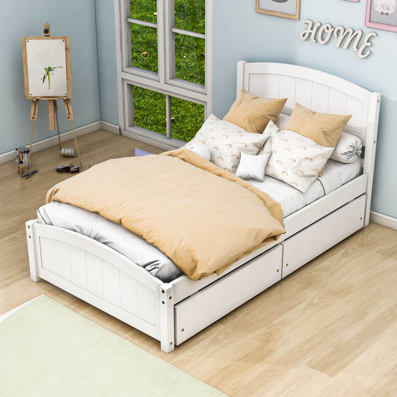 Twin Size 2 Drawers Wood Platform Bed with Headboard, White