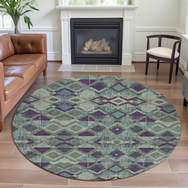 Premium Machine Washable Kumbhar AMF1308 Geometric Rug, Round 8'