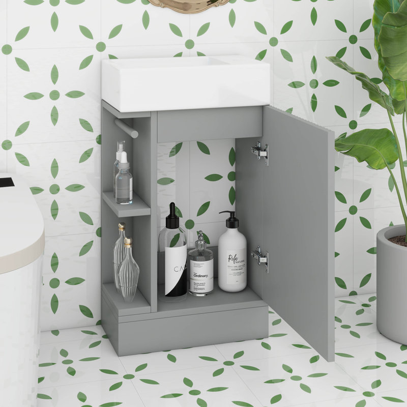 18.6" Small Bathroom Vanity With Sink, Bathroom Cabinet With Two-Tier Shelf, Toilet Paper Holder And Soft Closing Door, Gray