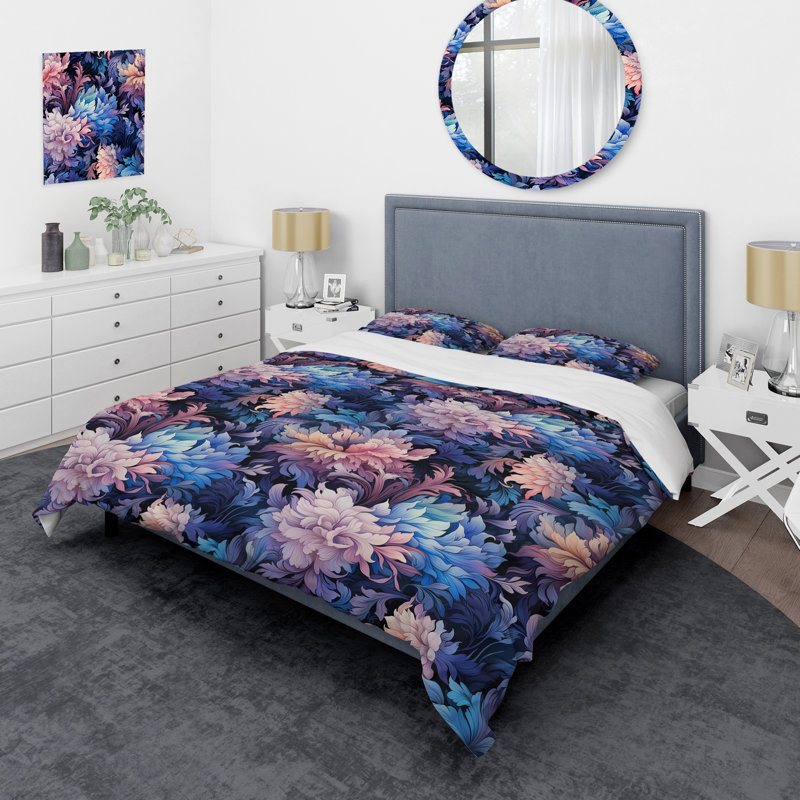 Celestial Blue Damask Mirage II - Ensemble de housse de couette damassé, Housse de couette pour très grand lit et 2 très