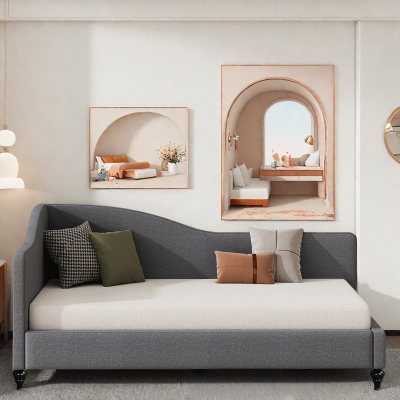 L-shaped Linen Daybed With Solid Wood Legs, Grey, Twin