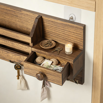 Porte-clés en bois mural avec organisateur de courrier, porte-clés avec crochets, tiroir et tablette, décor de maison de campagne