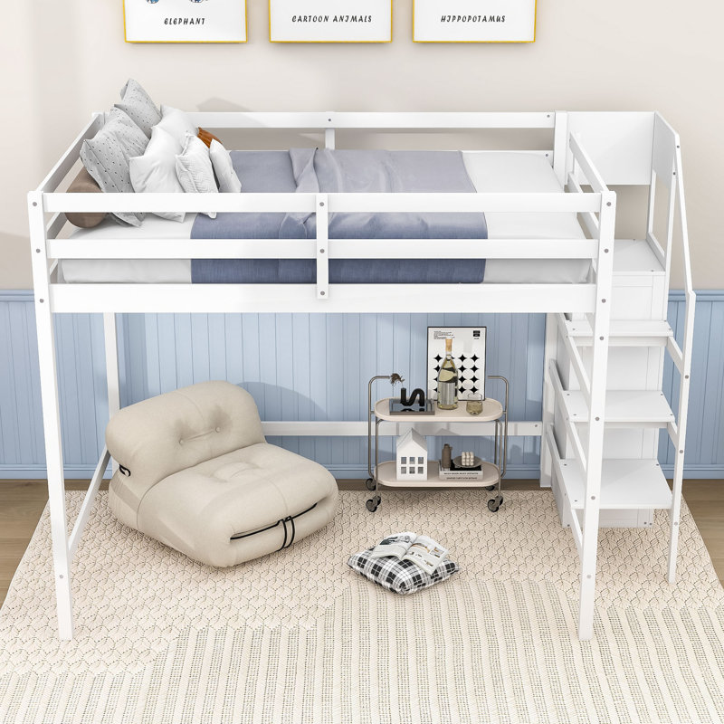 Gugna Full Loft Bed with Storage Wardrobe and Stairs by Harriet Bee, White