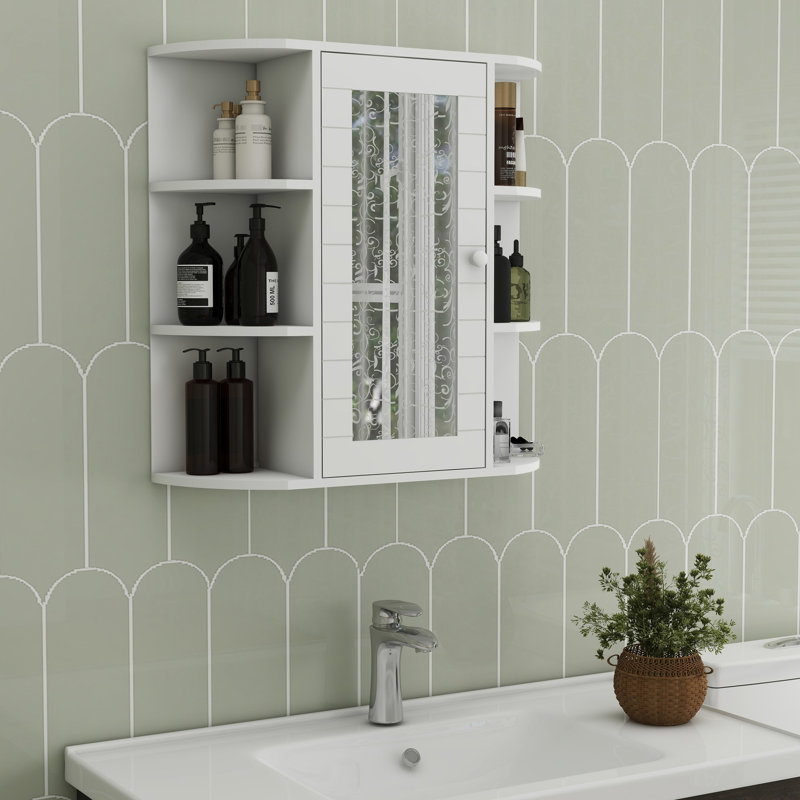 Armoire de rangement de salle de bain avec porte miroir - 6 tablettes ouvertes ouvertes, 3 tablettes réglables murales blanches, aspect réglable