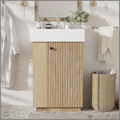 Meuble-lavabo autoportant de 21,6 po avec lavabo en céramique, armoire à grain de bois et rangement intelligent pour les petites salles de bain