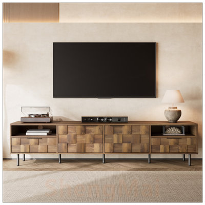 Meuble télé Mid-Century avec 2 tiroirs, console multimédia pour téléviseur de 85 po ou moins, centre de divertissement avec rangement spacieux et gestion des câbles