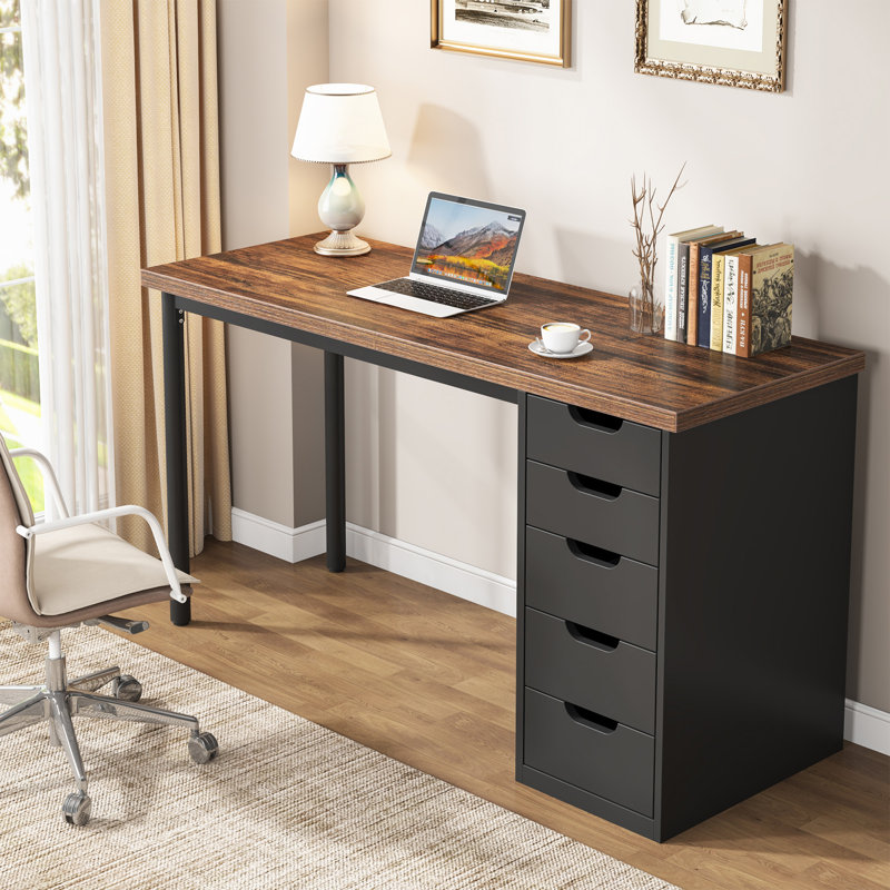 Computer Desk with 5 Drawers, Brown/Black