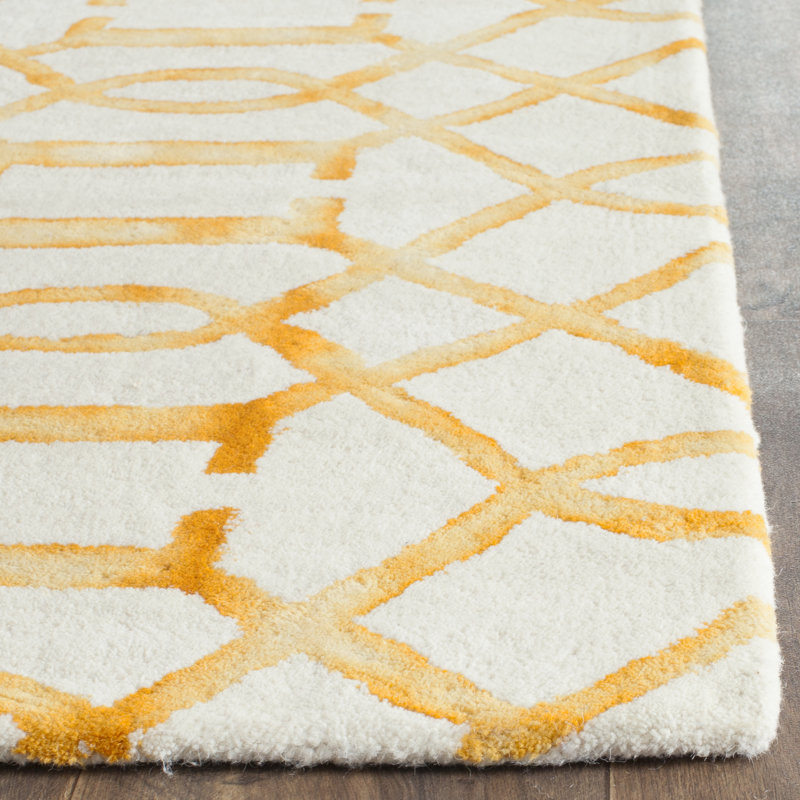 Tapis jaune en laine touffeté à la main à motif géométrique, Rectangle 3 pi x 5 pi