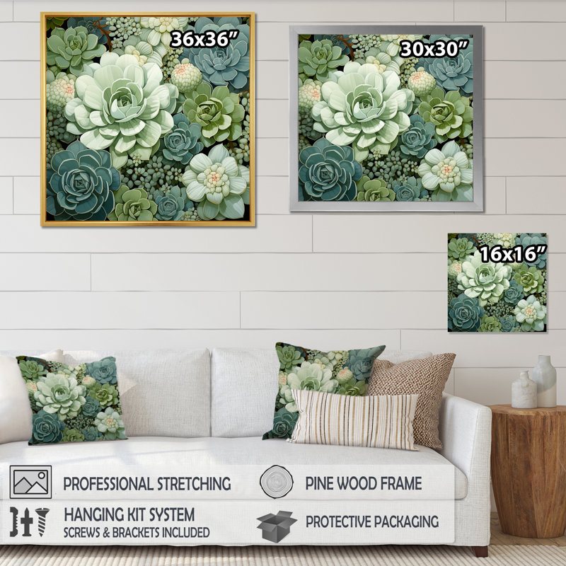 «Green Succulents Flowers Serene Succulents IV», art mural, H 36 po x l 36 po x P 1,5 po, Cadre simple blanc