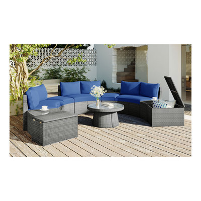 Ensemble de canapé modulaire d'extérieur en rotin 10 pièces, ensemble de conversation en osier PE pour combinaison libre, bleu