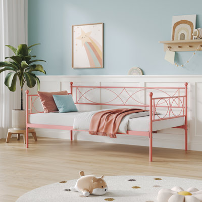 Lit de jour simple avec structure en lattes de métal, canapé-lit blanc pour le salon, la chambre à coucher et la chambre d'amis - Lit de jour robuste à économie d'espace, rose