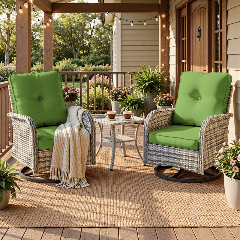 2-Person Patio Conversation Set With Rocking Swivel Chairs And Tempered-Glass Table, Lime Green